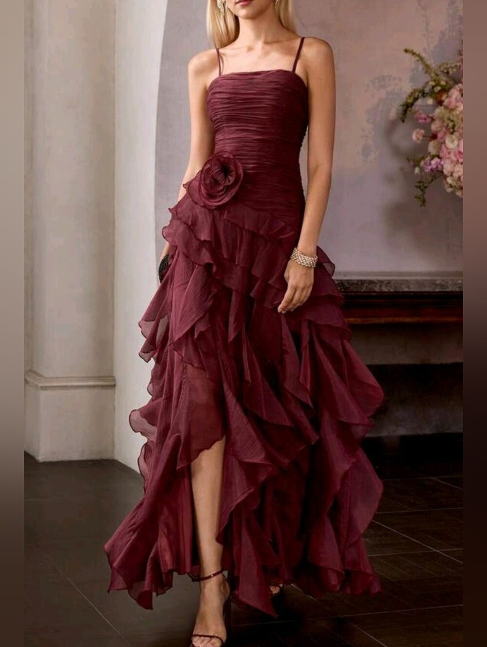 New Luxe Ruched Petal Skirt Lace Up Maxi Dress Burgundy Red